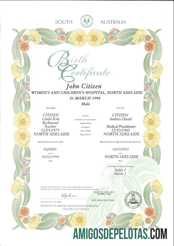 Imprimível modelo de certidão de nascimento decorativa (comemorativa) da Austrália do Sul da Austrália em formato PSD,